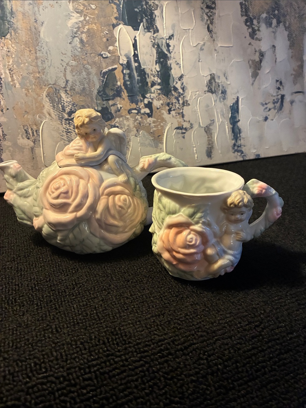 Vintage 1990s Avon Porcelain Cherub Rose Teapot in Pale Pink and Cream and Mug